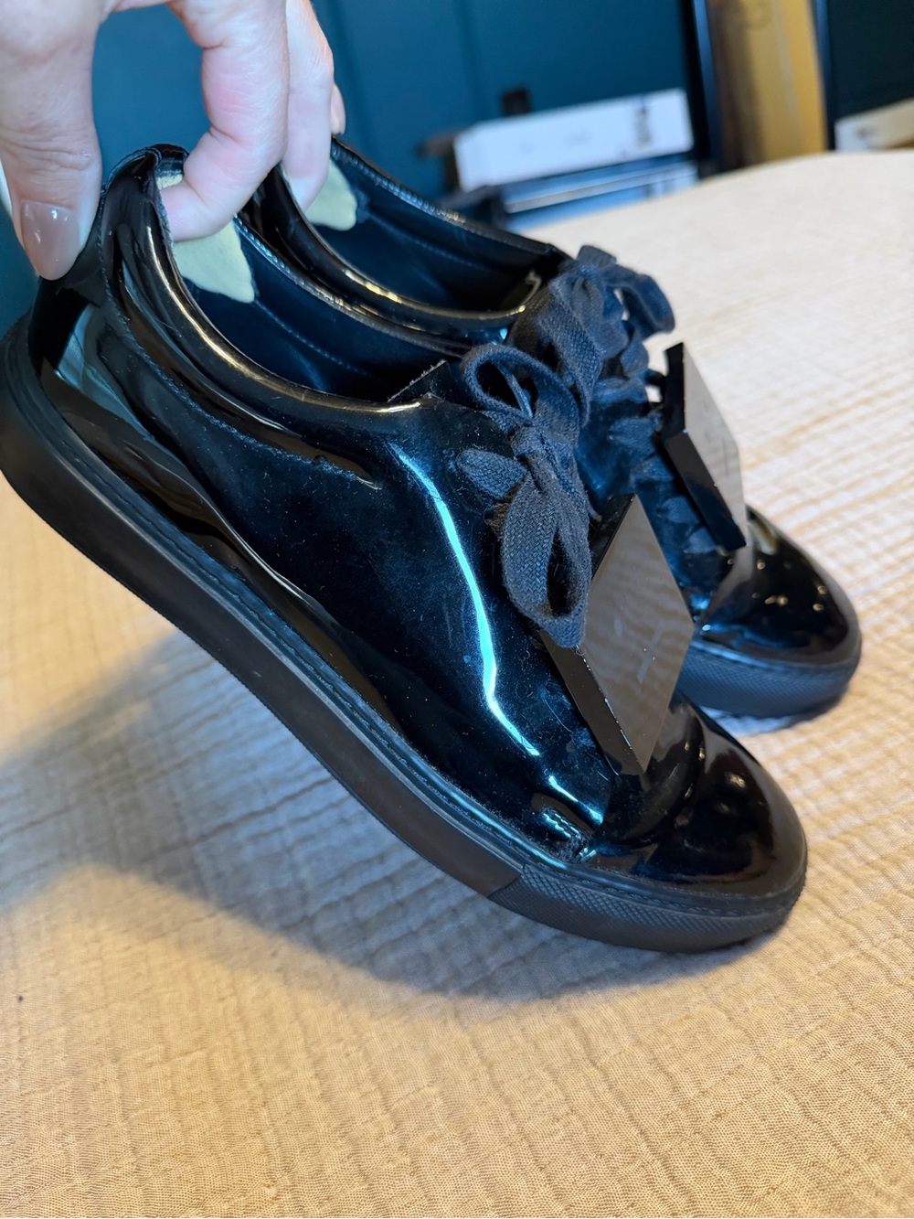 ACNE STUDIOS Black Patent Leather Sneakers, Sz 7.5 - Picture 10 of 11